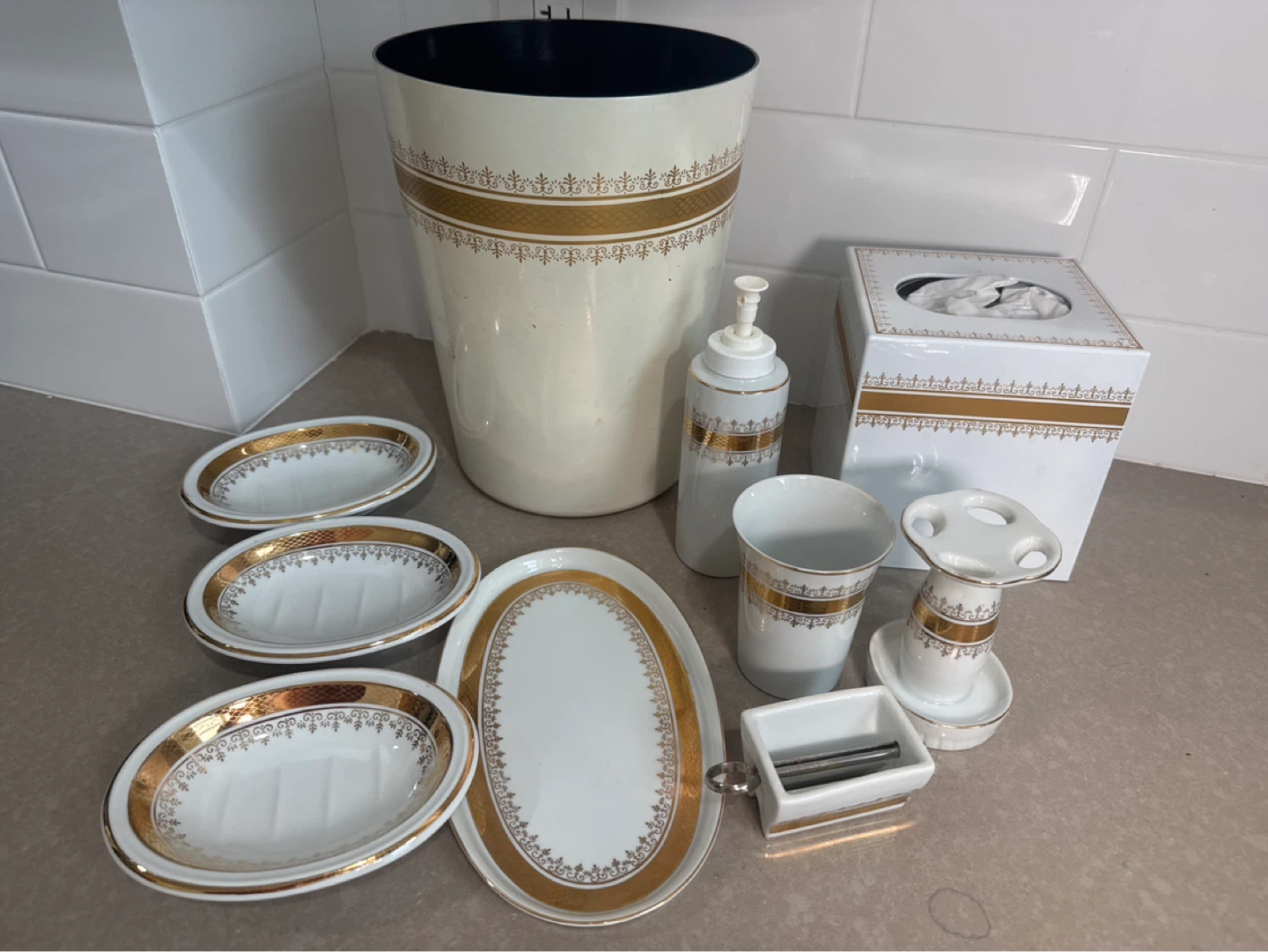 White and Gold Bathroom Accessories Set