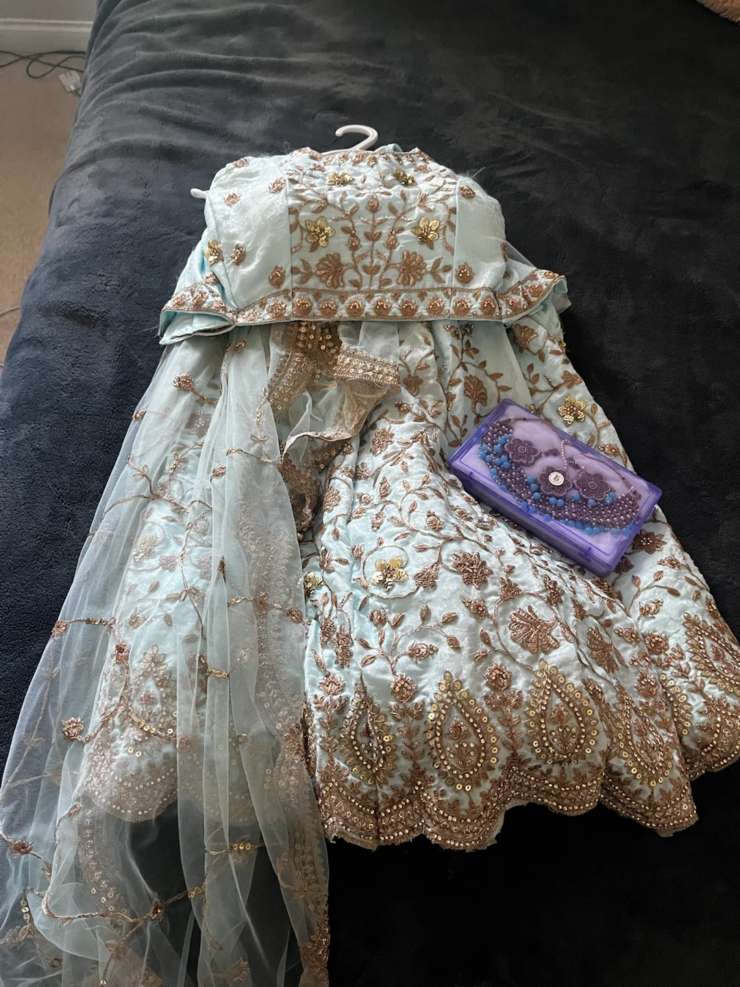 Light Blue Embroidered Lengha with Jewellery & Shoes
