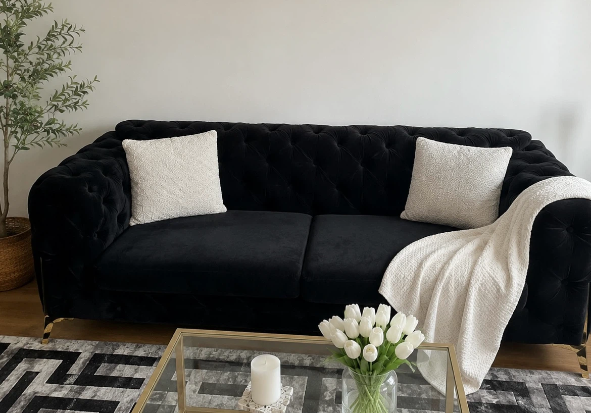 Black Tufted Velvet Sofa