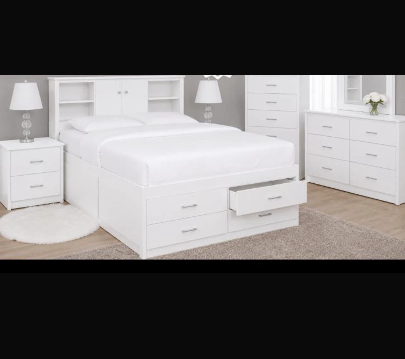 White Storage Bed Frame with Headboard and Drawers
