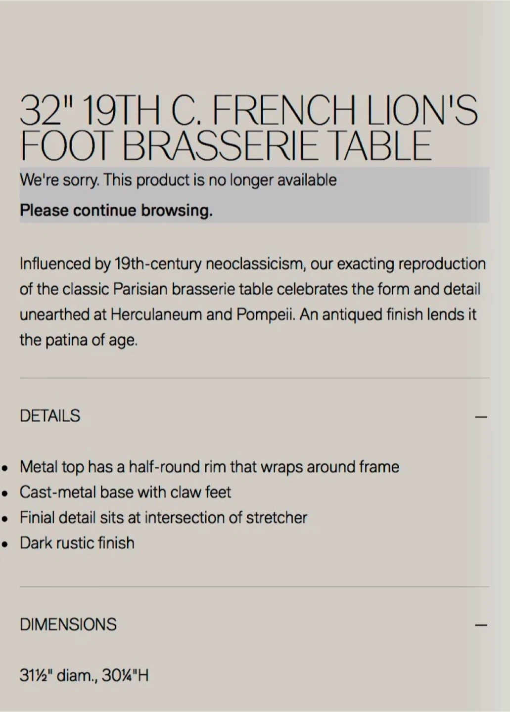 32" French Lion's Foot Brasserie Table - photo 3