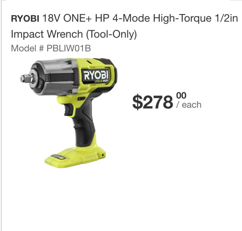 Ryobi 18V ONE+ HP 4-Mode High-Torque 1/2in Impact Wrench