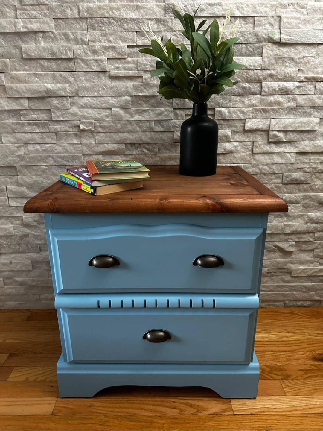 Blue Two-Drawer Nightstand with Wood Top