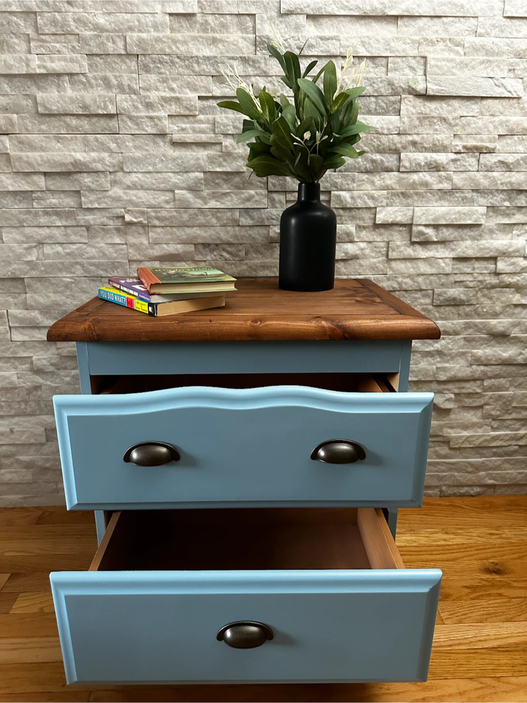 Blue Two-Drawer Nightstand with Wood Top - photo 2