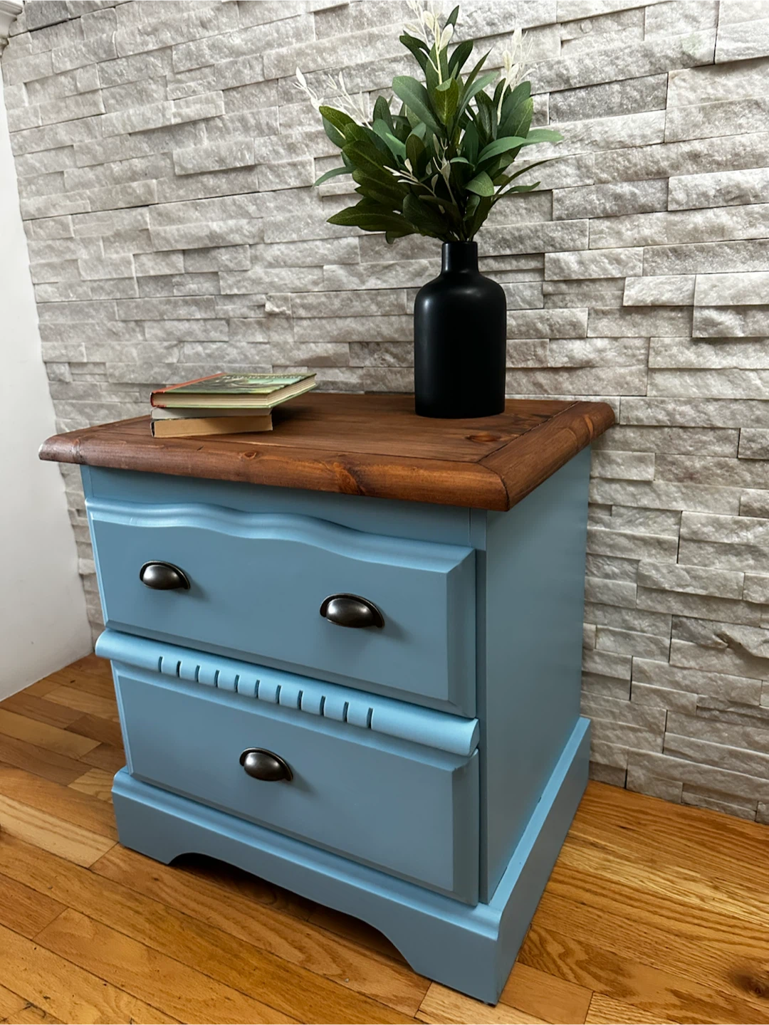 Blue Two-Drawer Nightstand with Wood Top - photo 3