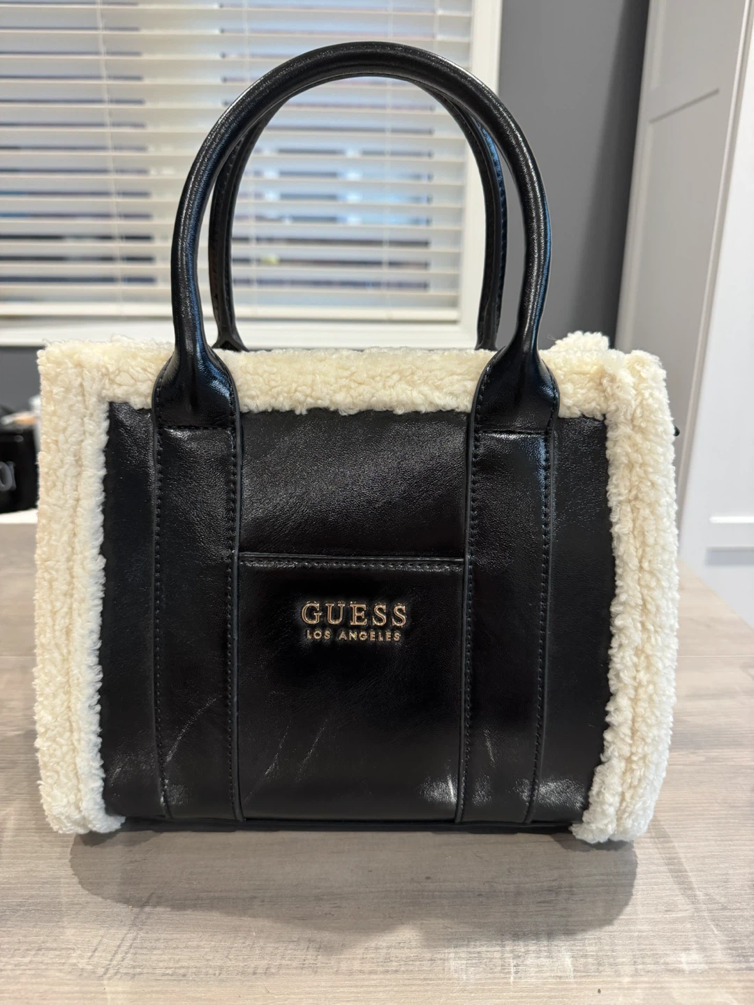 GUESS Black Faux Leather & Sherpa Tote Bag