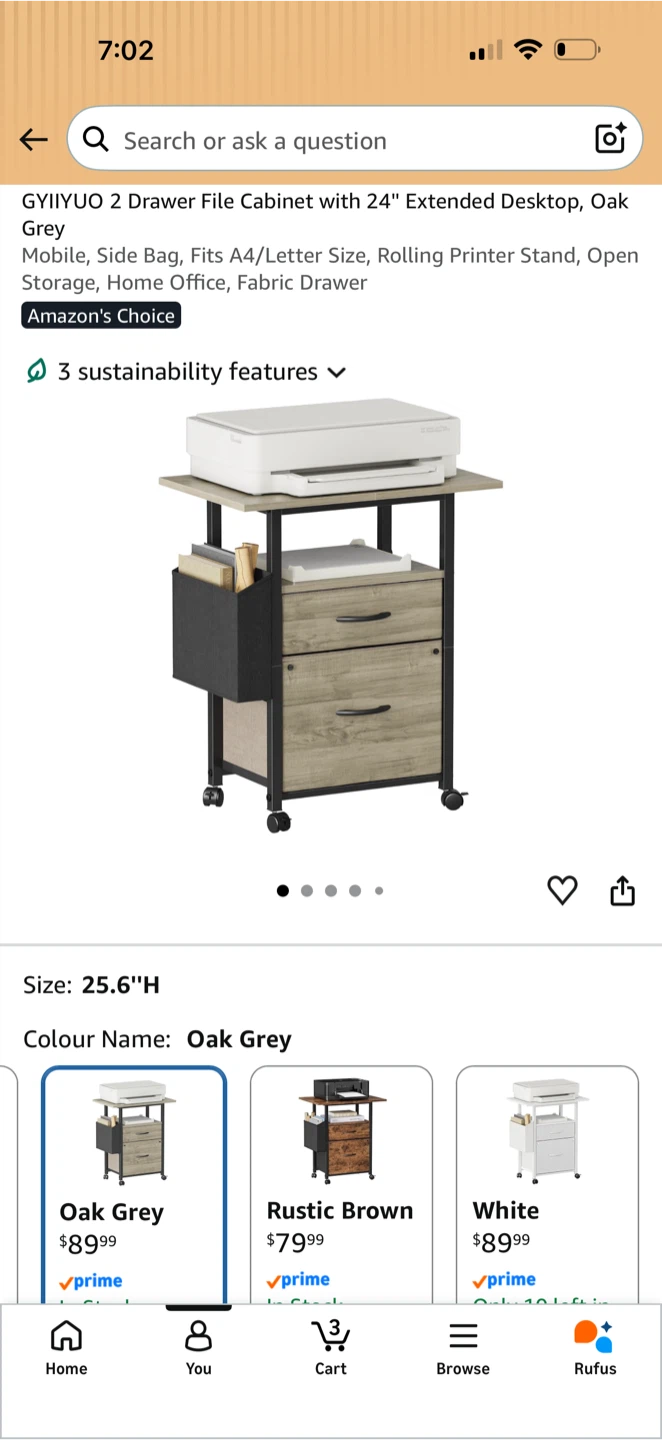 2 fabric Drawer File Cabinet with Printer Stand - Oak Grey - photo 3