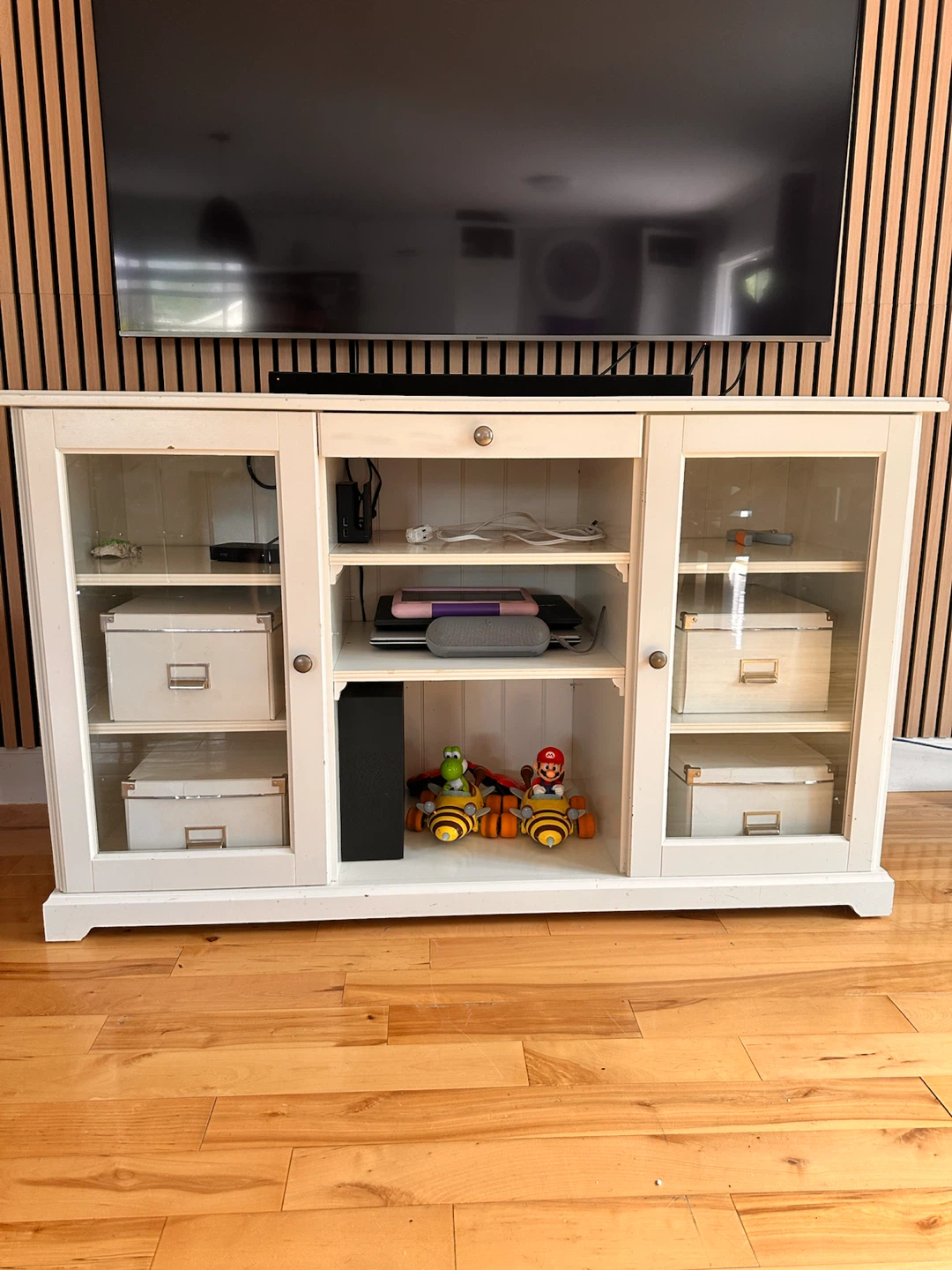 White Media Console with Glass Doors and Storage Boxes