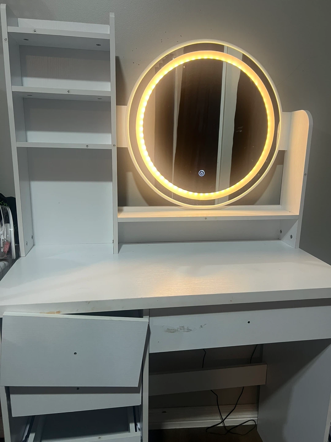 White Vanity Table with LED Mirror and Stool