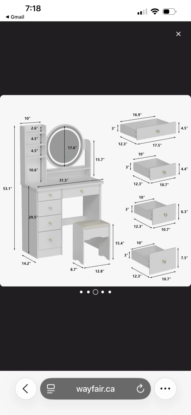White Vanity Table with LED Mirror and Stool - photo 2
