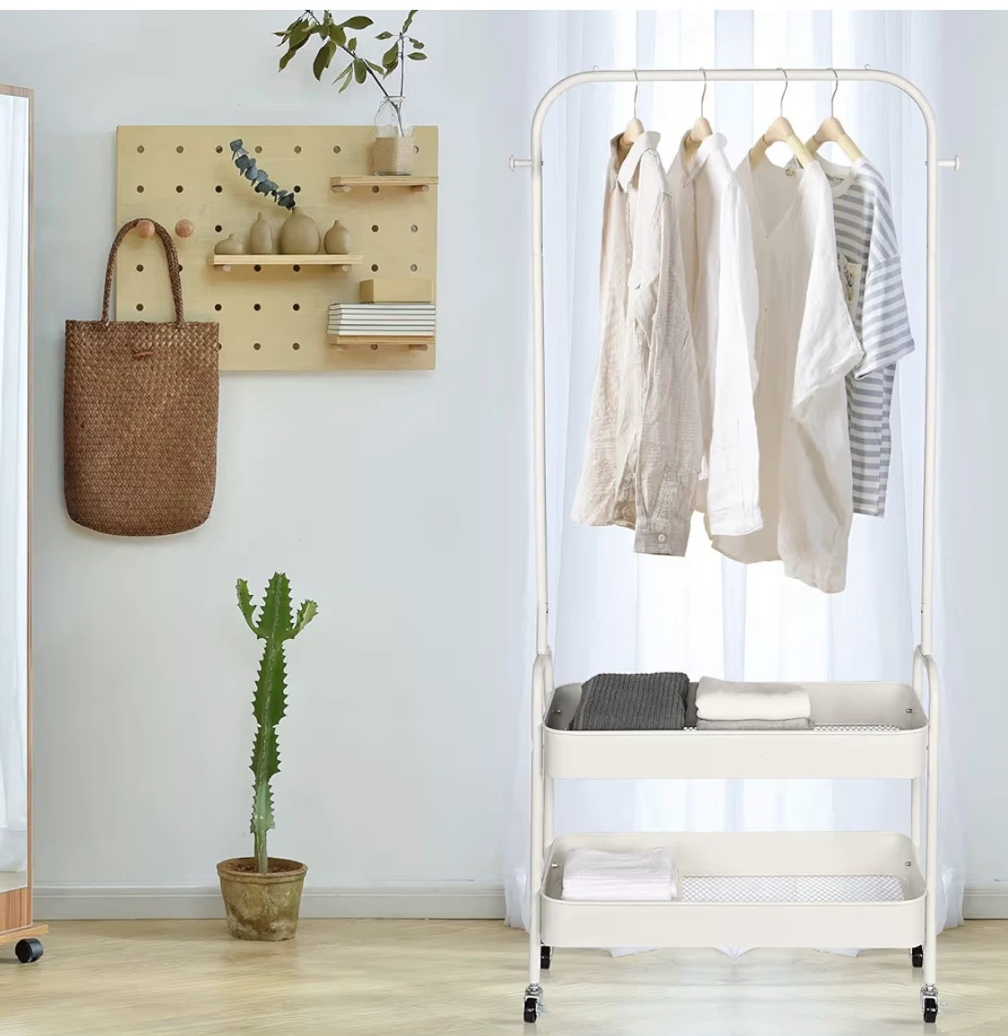 White Rolling Garment Rack with Two Shelves
