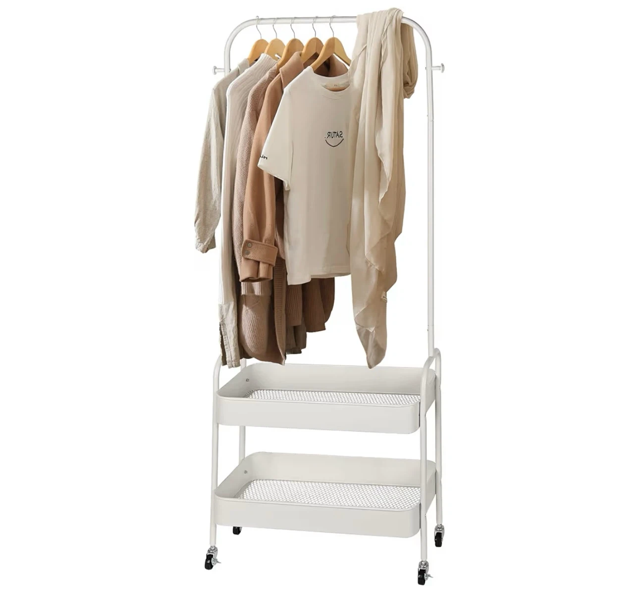 White Rolling Garment Rack with Two Shelves - photo 2