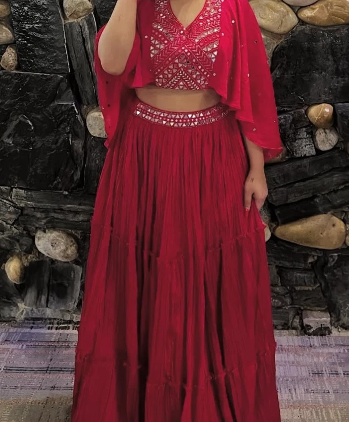 Red Embroidered Crop Top and Skirt Lehanga  Set
