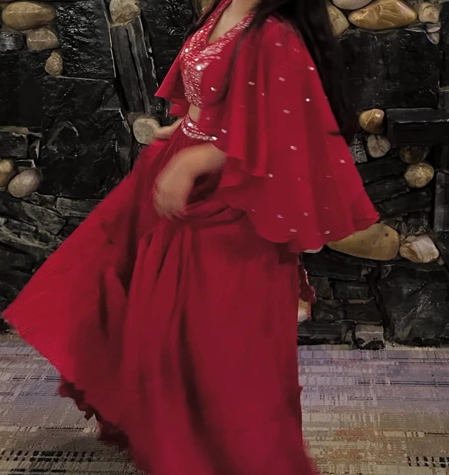 Red Embroidered Crop Top and Skirt Lehanga  Set - photo 2