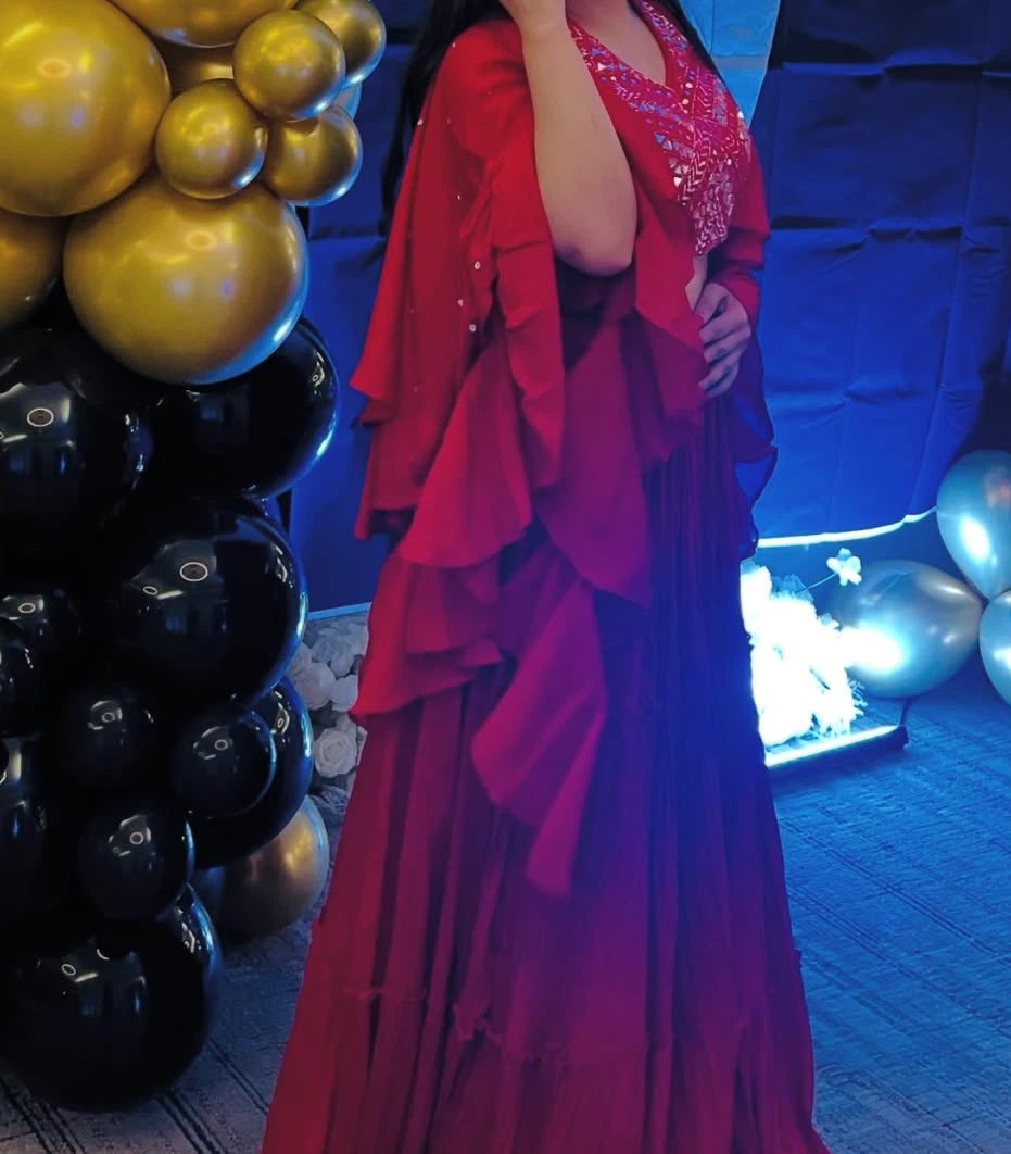 Red Embroidered Crop Top and Skirt Lehanga  Set - photo 3