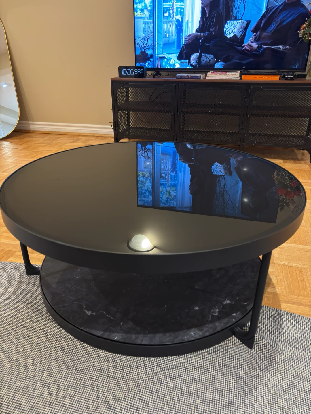 IKEA Coffee table, anthracite marble effect/black glass,