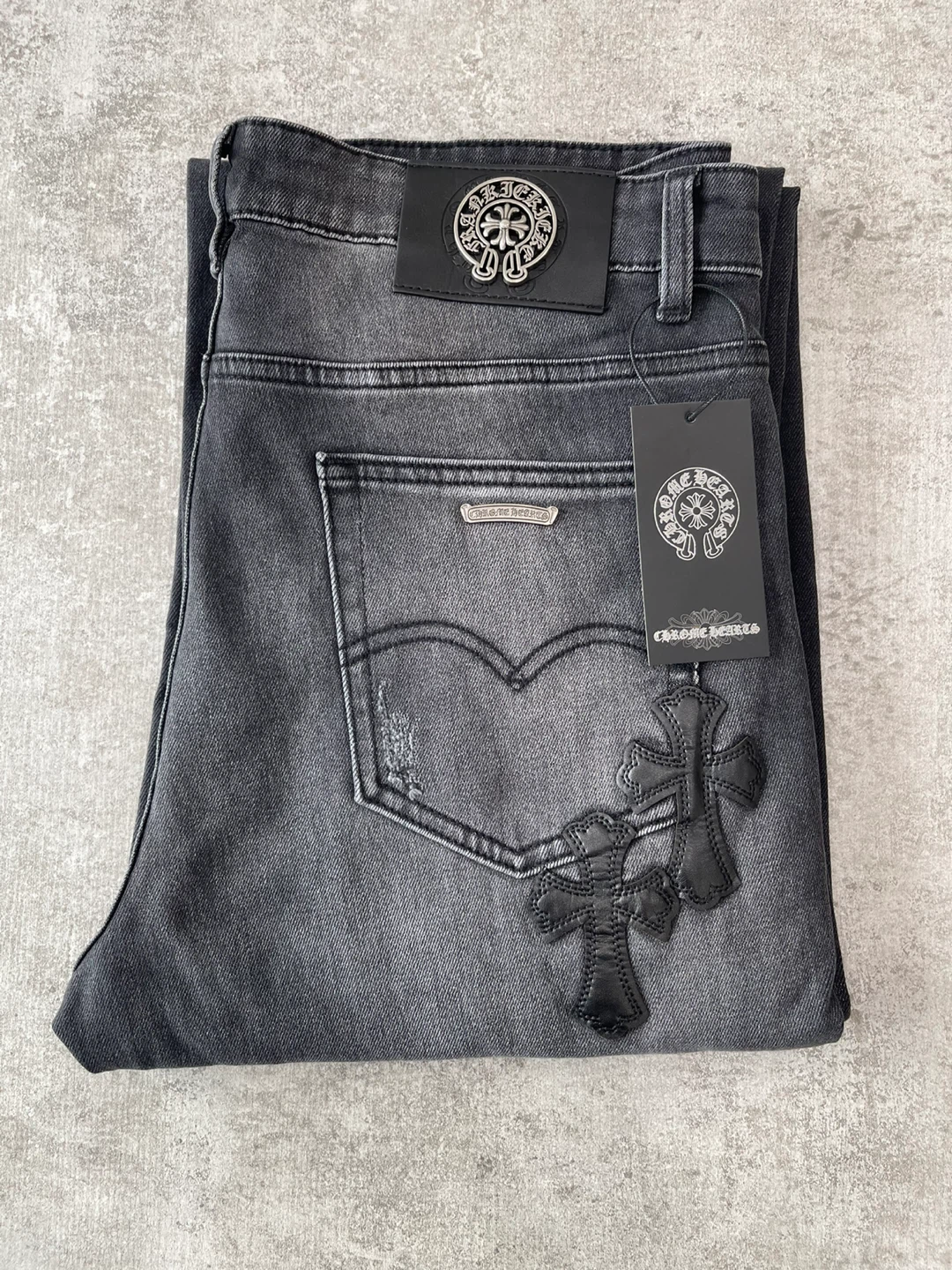 Chrome Hearts Grey Denim Jeans with Cross Appliqué