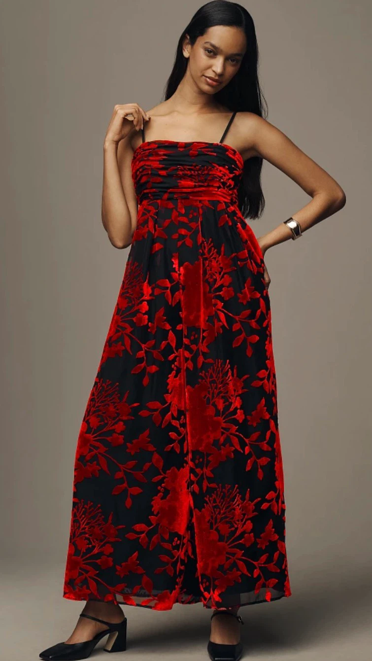 Anthropologie Black & Red Floral Velvet Jumpsuit