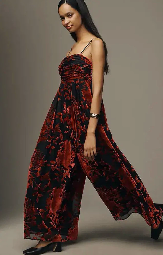 Anthropologie Black & Red Floral Velvet Jumpsuit - photo 2