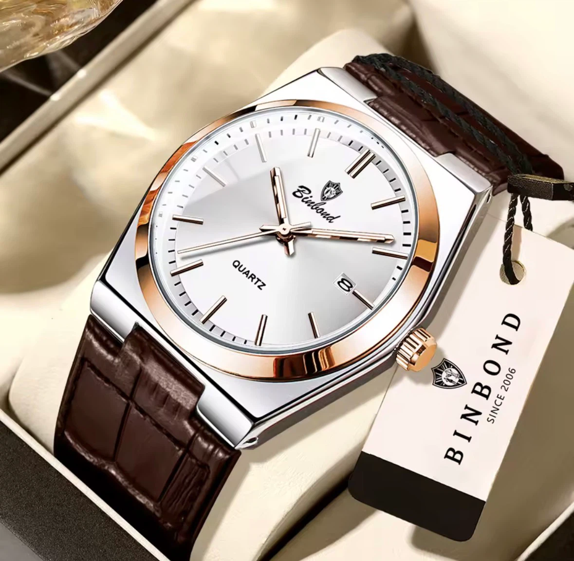 BINBOND Quartz Watch with Brown Leather Strap