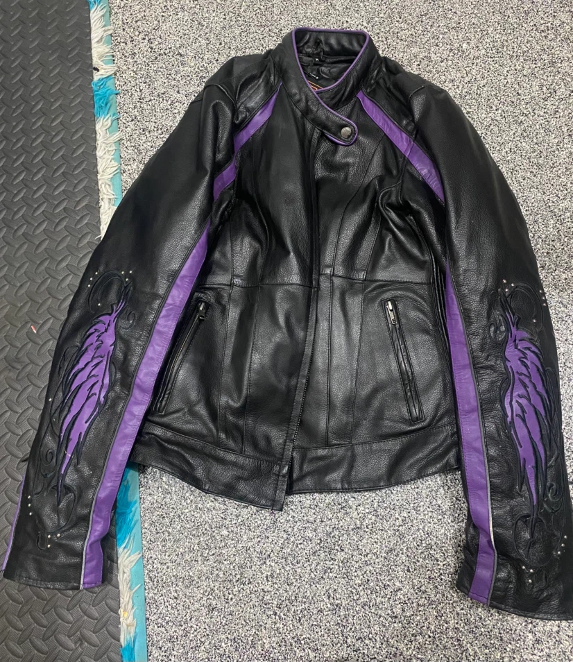 Women’s Black Leather Motorcycle Jacket with Purple Wings