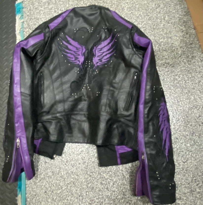 Women’s Black Leather Motorcycle Jacket with Purple Wings - photo 2