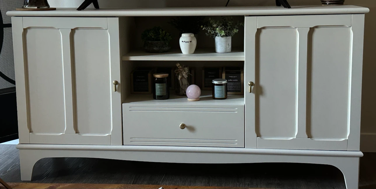 White Storage Cabinet with Doors and Drawer