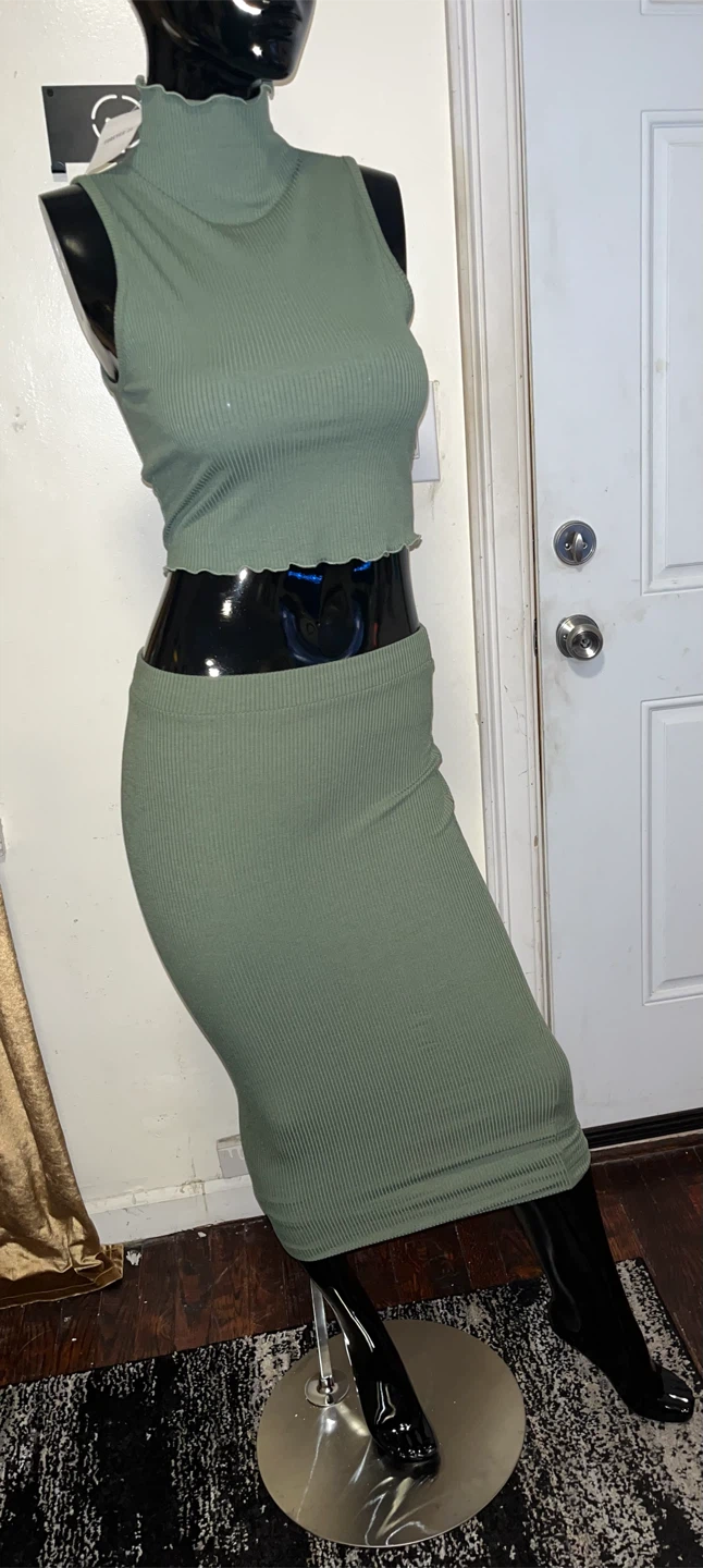 Ribbed Mock Neck Sleeveless Crop Top & Pencil Skirt Set