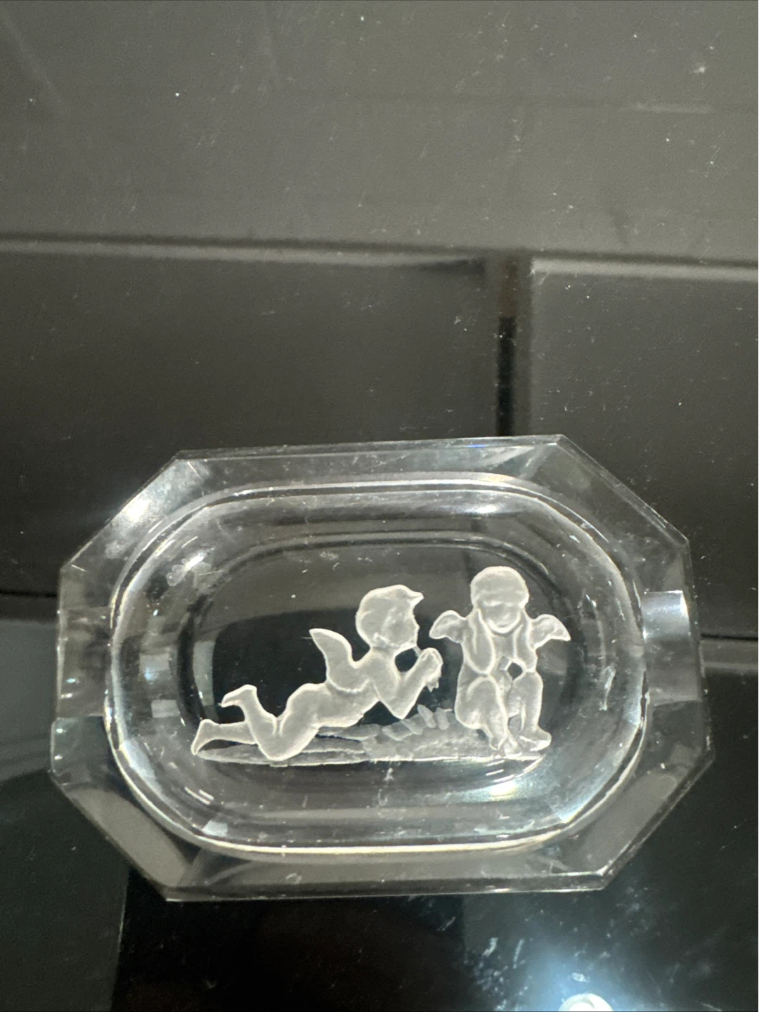 Glass Ashtray with Cherub Engraving