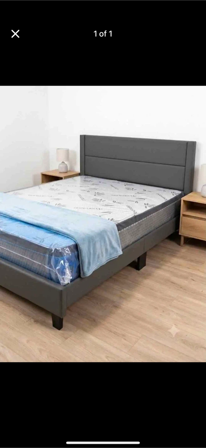 Grey Upholstered Queen Bed Frame with Headboard