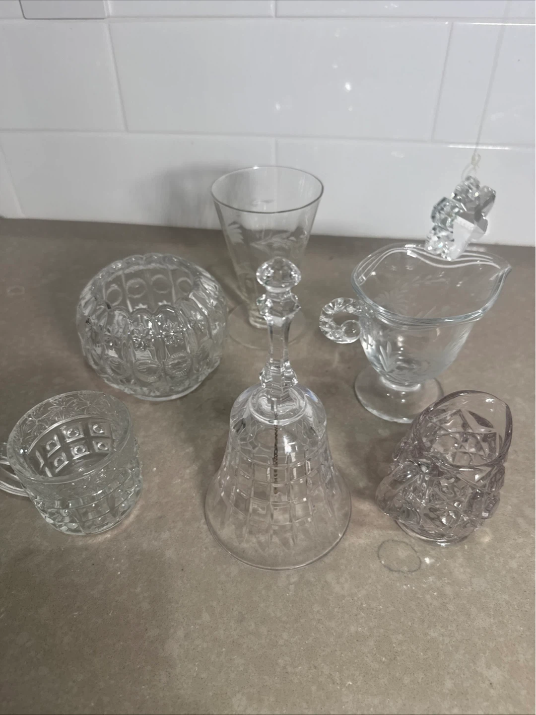 Vintage Etched Glassware Set - Creamer, Bell, Cups & More