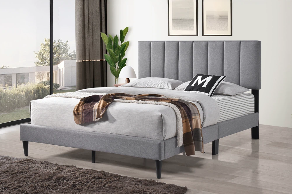 Grey Fabric Upholstered Platform Bed Frame - photo 2