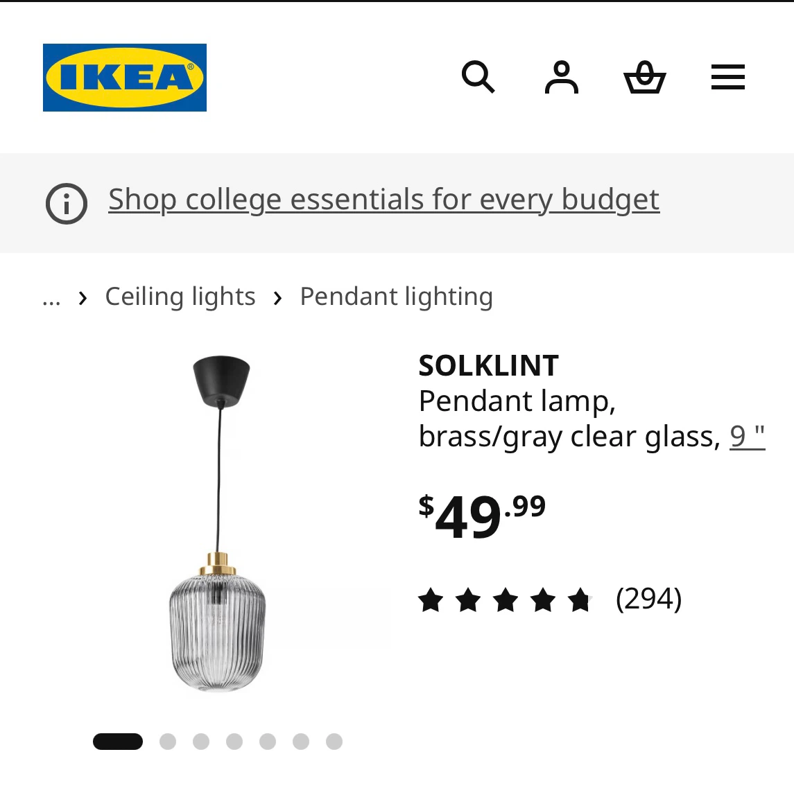 IKEA SOLKLINT Pendant Lamp, Brass/Gray Clear Glass, 9"
