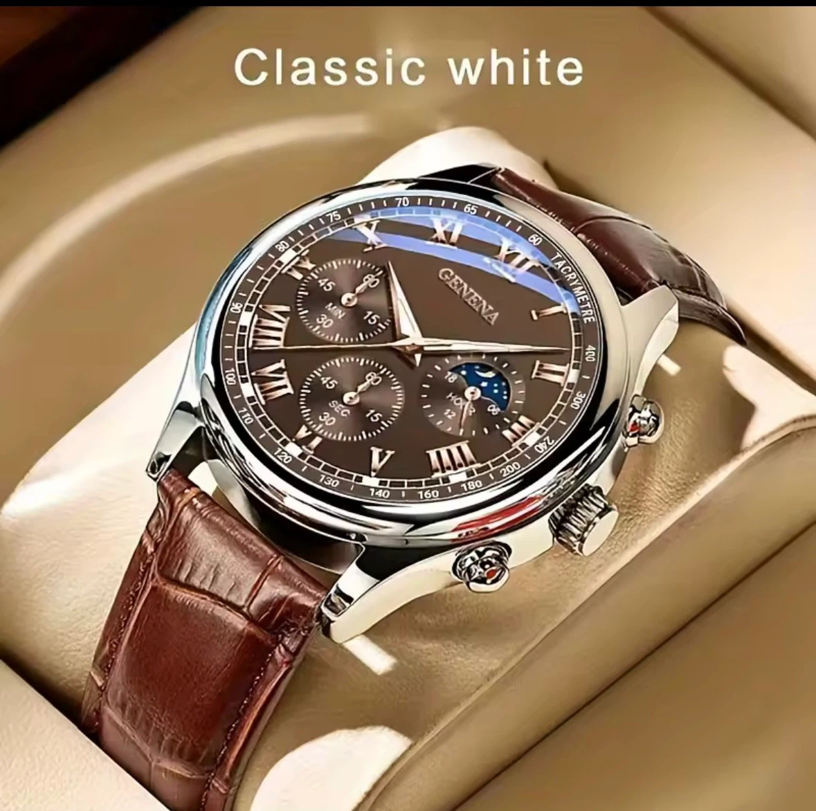 Geneva Men's Chronograph Watch with Brown Leather Strap