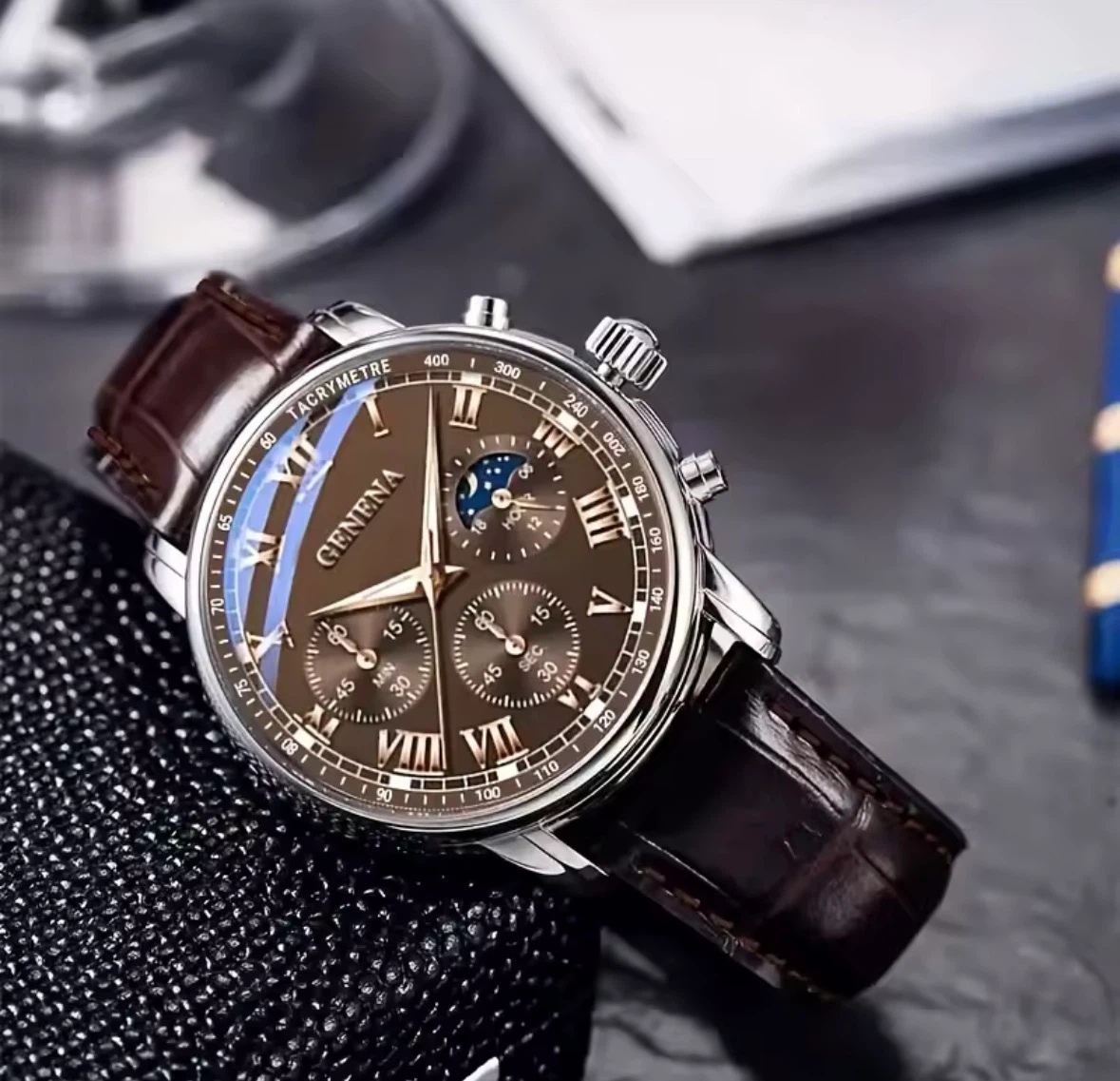 Geneva Men's Chronograph Watch with Brown Leather Strap - photo 2
