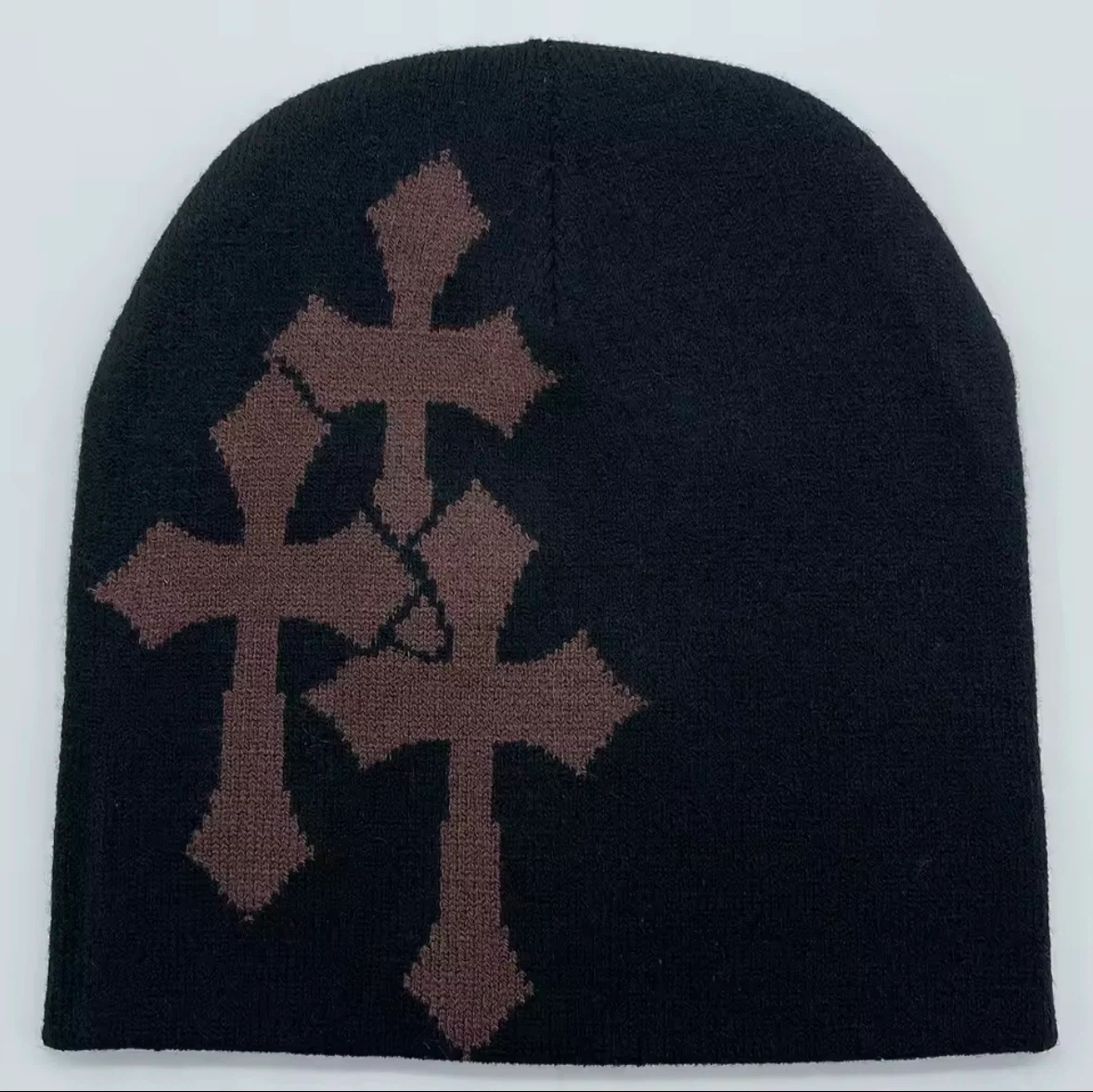 Black Beanie with Brown Crosses
