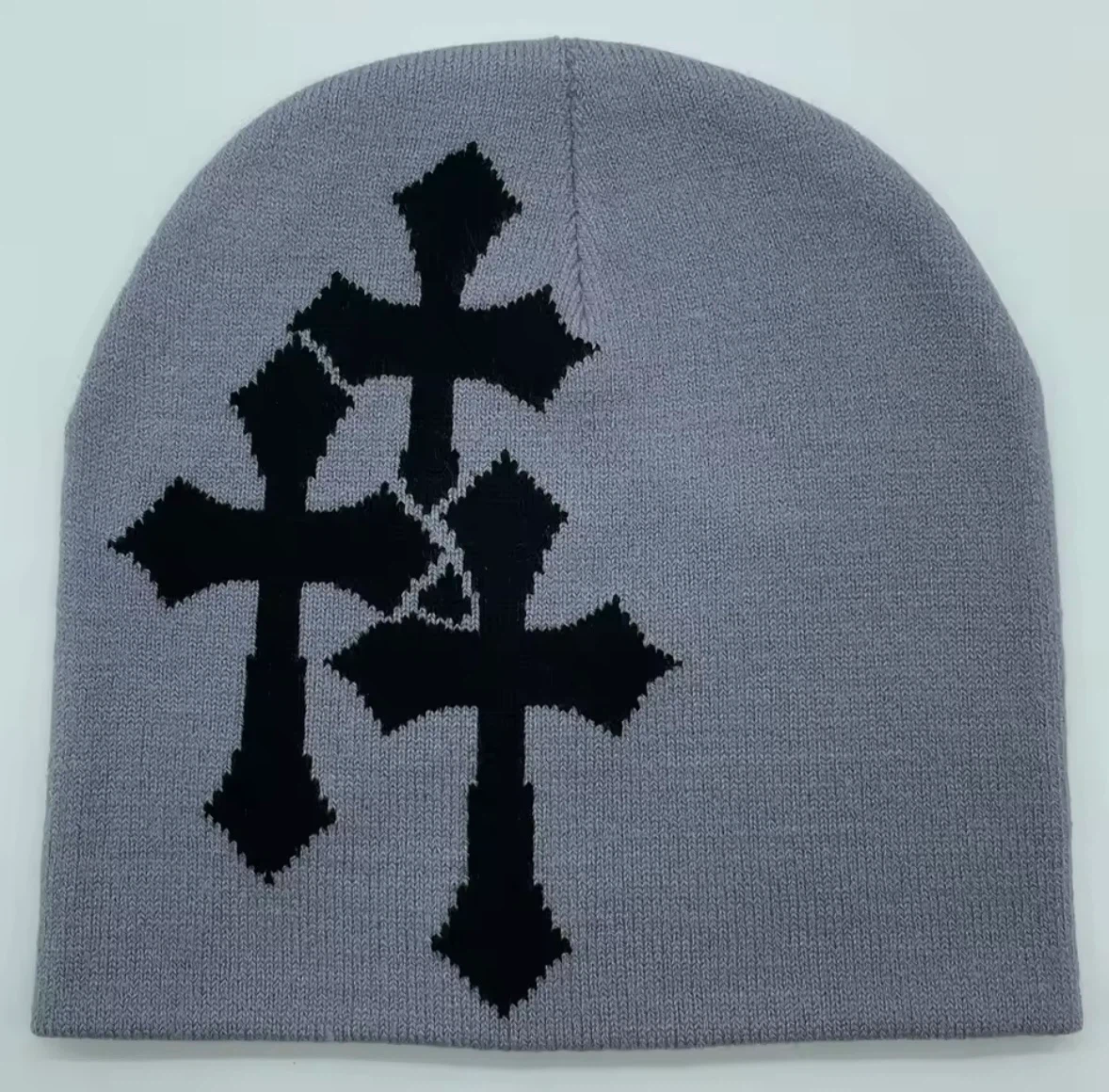 Grey Beanie with Black Crosses