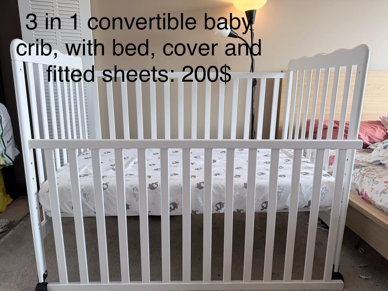 3 in 1 Convertible Baby Crib with Bed, Cover & Sheets