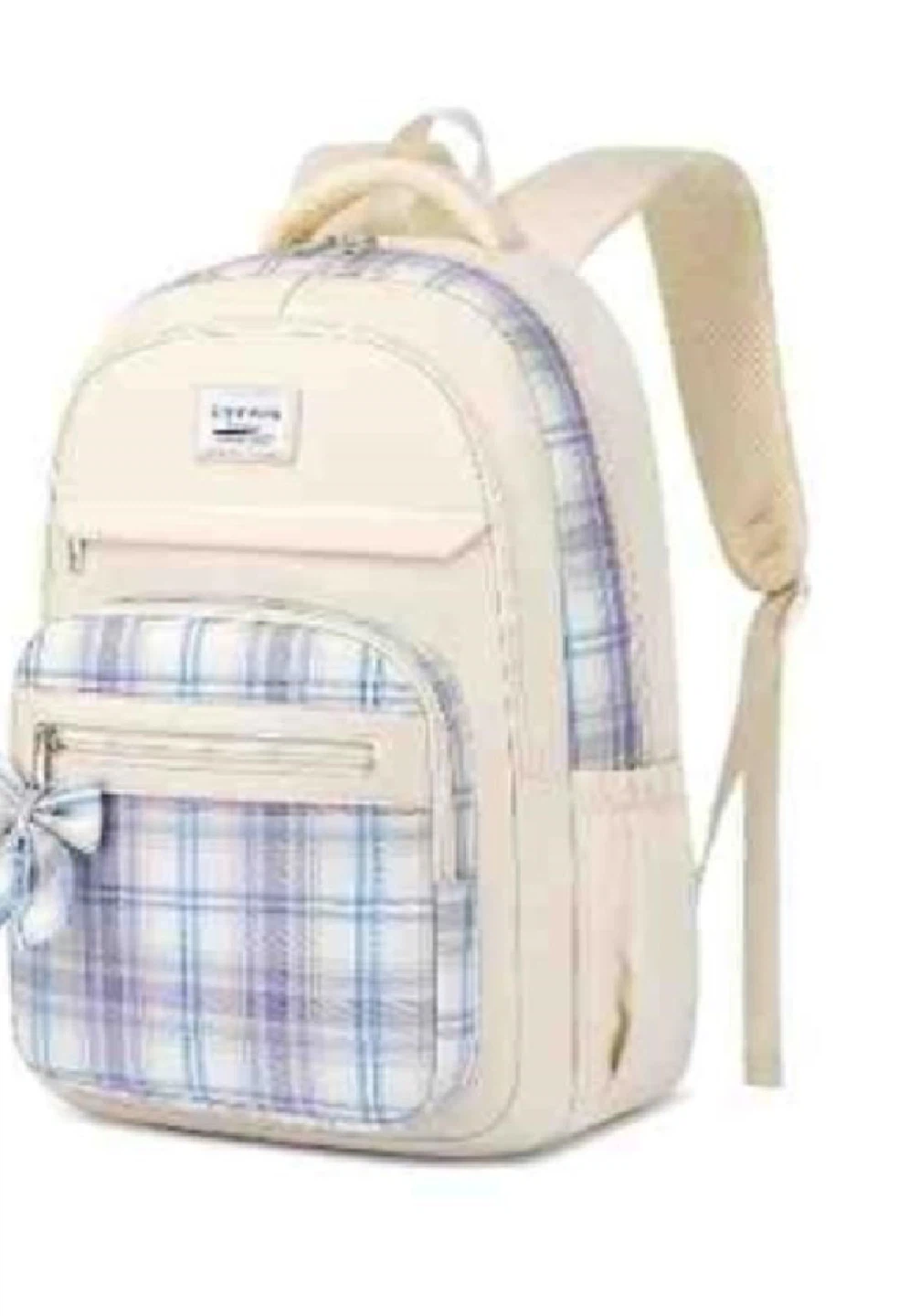 Cream Plaid Backpack with Bow