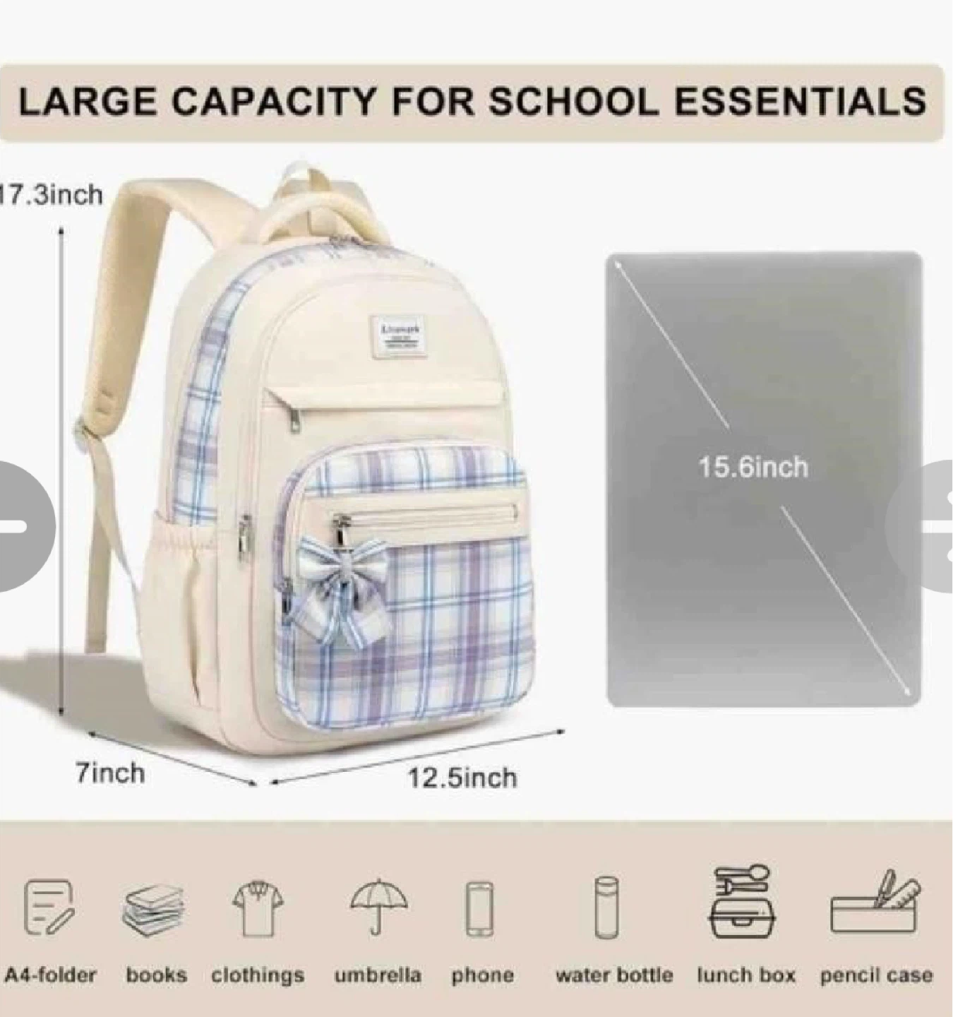 Cream Plaid Backpack with Bow - photo 2