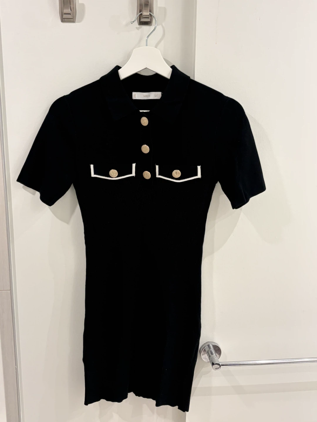 MANGO Black Knit Polo Dress with Gold Buttons - Size S