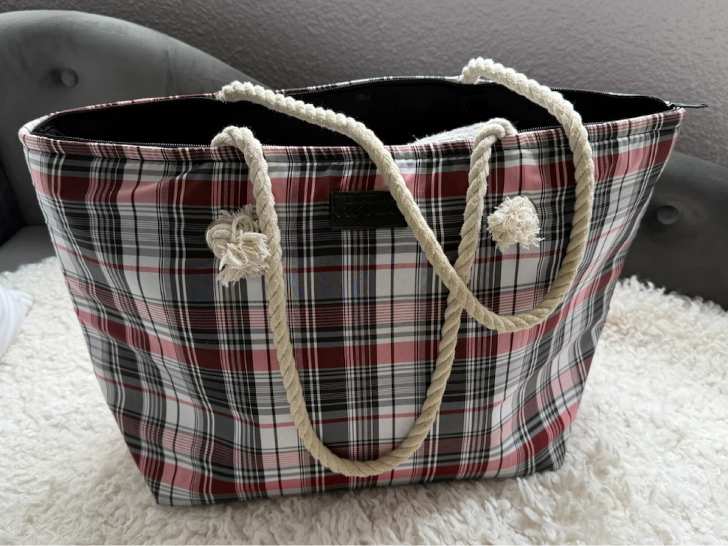 La Vie en Rose Aqua Plaid Tote Bag
