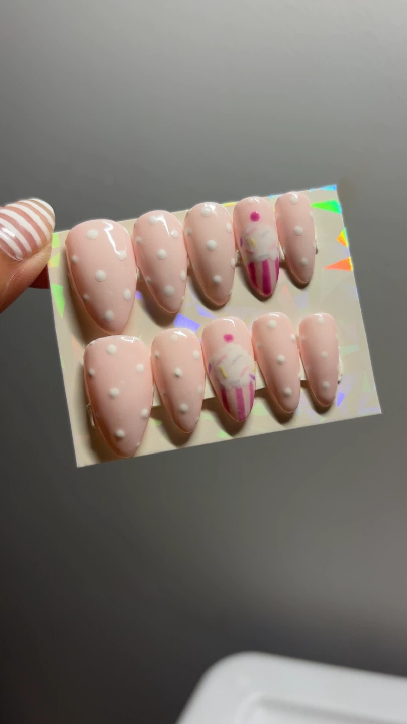 Handmade Pink Polka Dot & Cupcake Press-On Nails