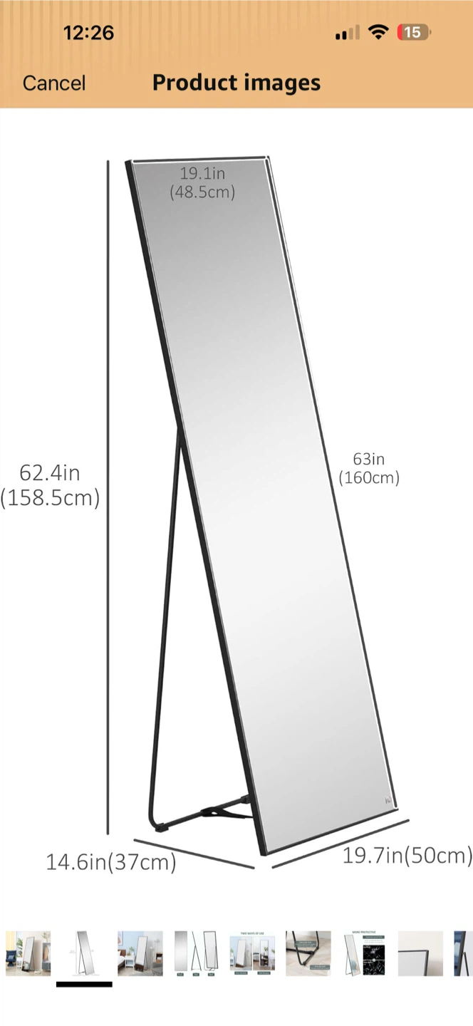Full Length Standing Mirror - 62.4" H x 19.1" W - photo 2