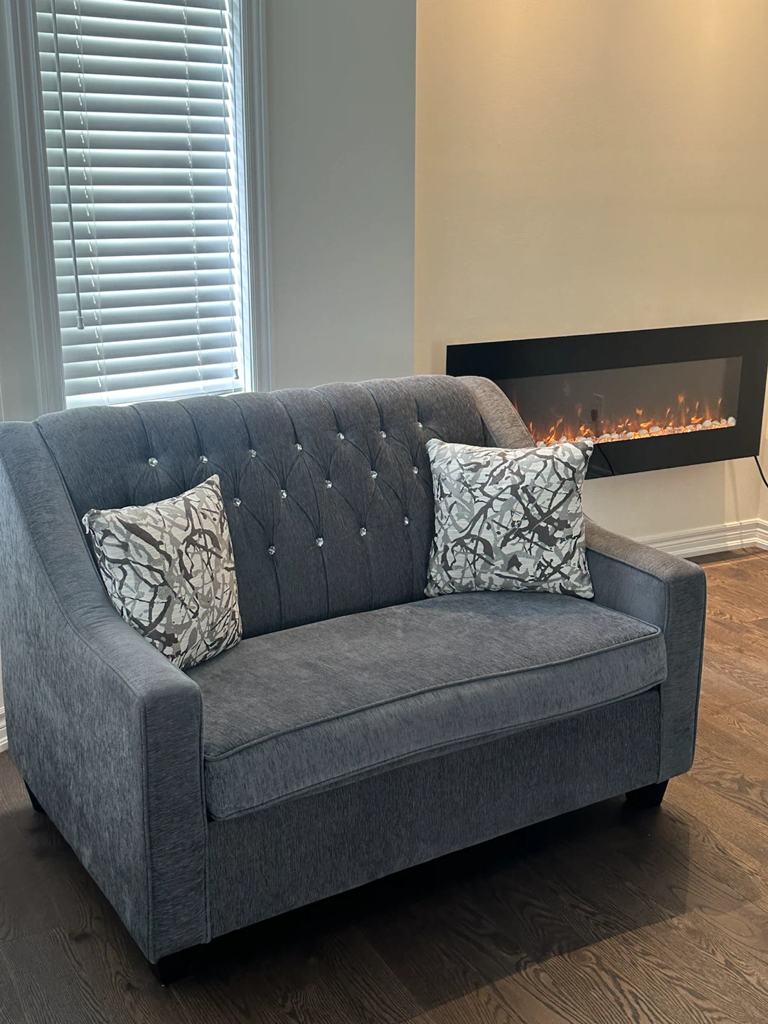 Dark Grey Tufted Sofa with Crystal Accents