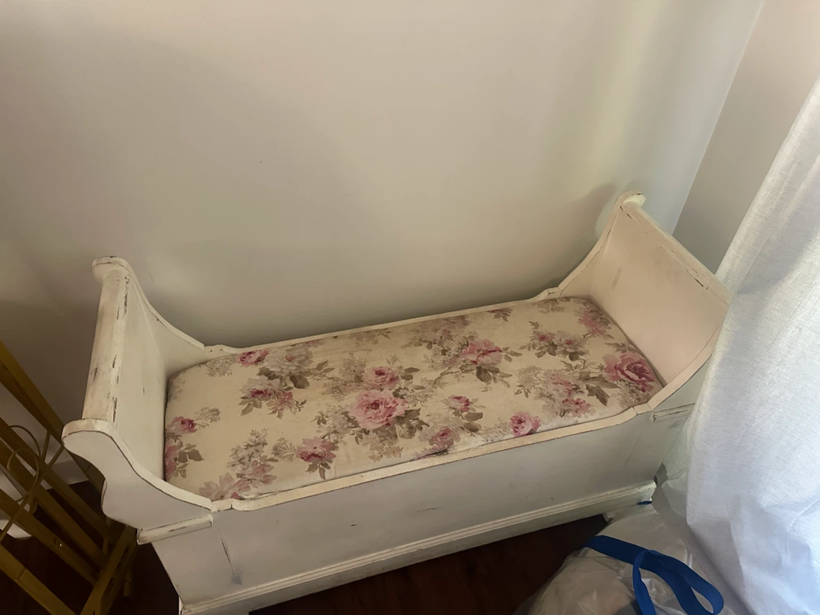 White Storage Bench with Floral Cushion