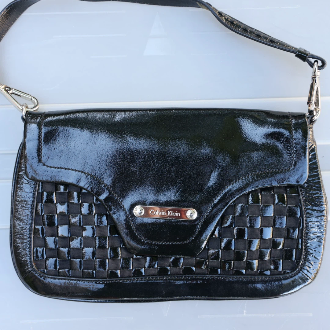 Calvin Klein Black Patent Woven Shoulder Bag