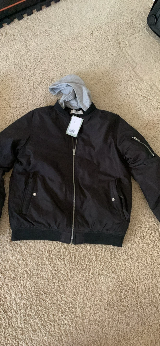 Black Bomber Jacket with Grey Hood
