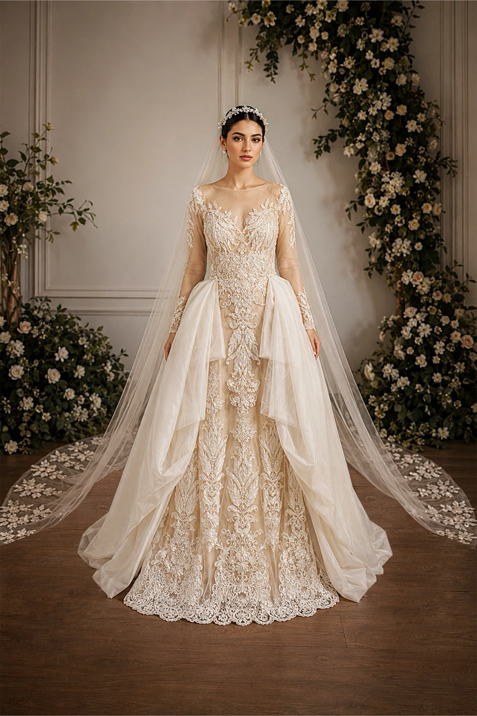 David’s Bridal Wedding Dress + Cathedral Veil + Headpiece