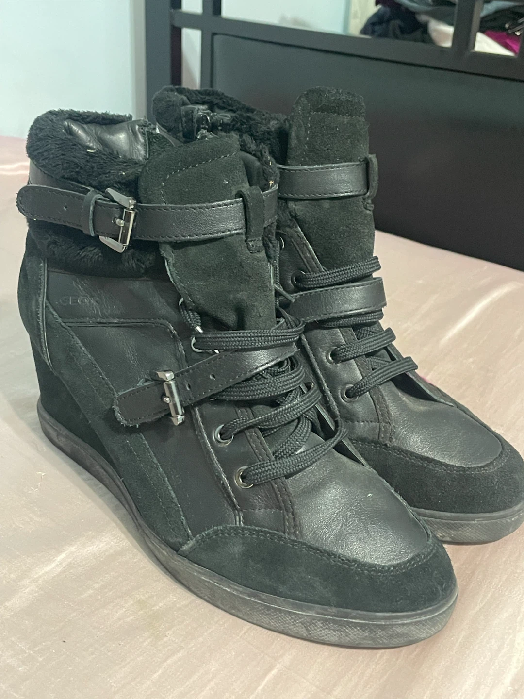 Y2K Geox Black Wedge Sneakers with Fur Trim - photo 2